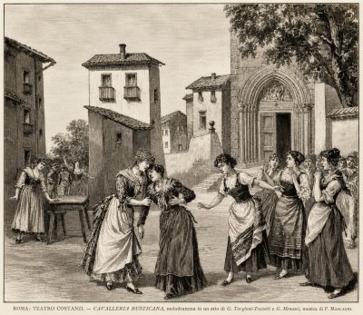 Scene from Pietro Mascagni’s Cavalleria rusticana, depicting the drama in a Sicilian village square.