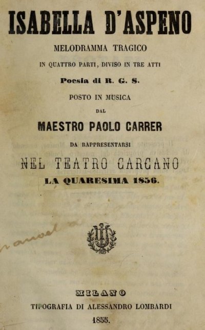 Pavlos Carrer's "Isabella d'Aspeno" was staged in Patras, becoming the first opera by a Greek composer performed in the Kingdom of Greece.