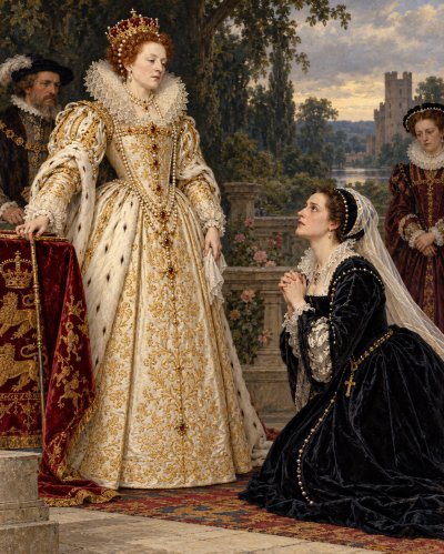 Maria Stuarda kneels before Elisabetta in Donizetti’s opera