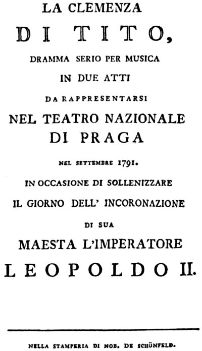 Wolfgang Amadeus Mozart's opera seria "La clemenza di Tito", with a libretto adapted by Caterino Mazzolà from Pietro Metastasio, received its world premiere at the National Theatre in Prague as part of the celebrations for the coronation of Leopold II as King of Bohemia.